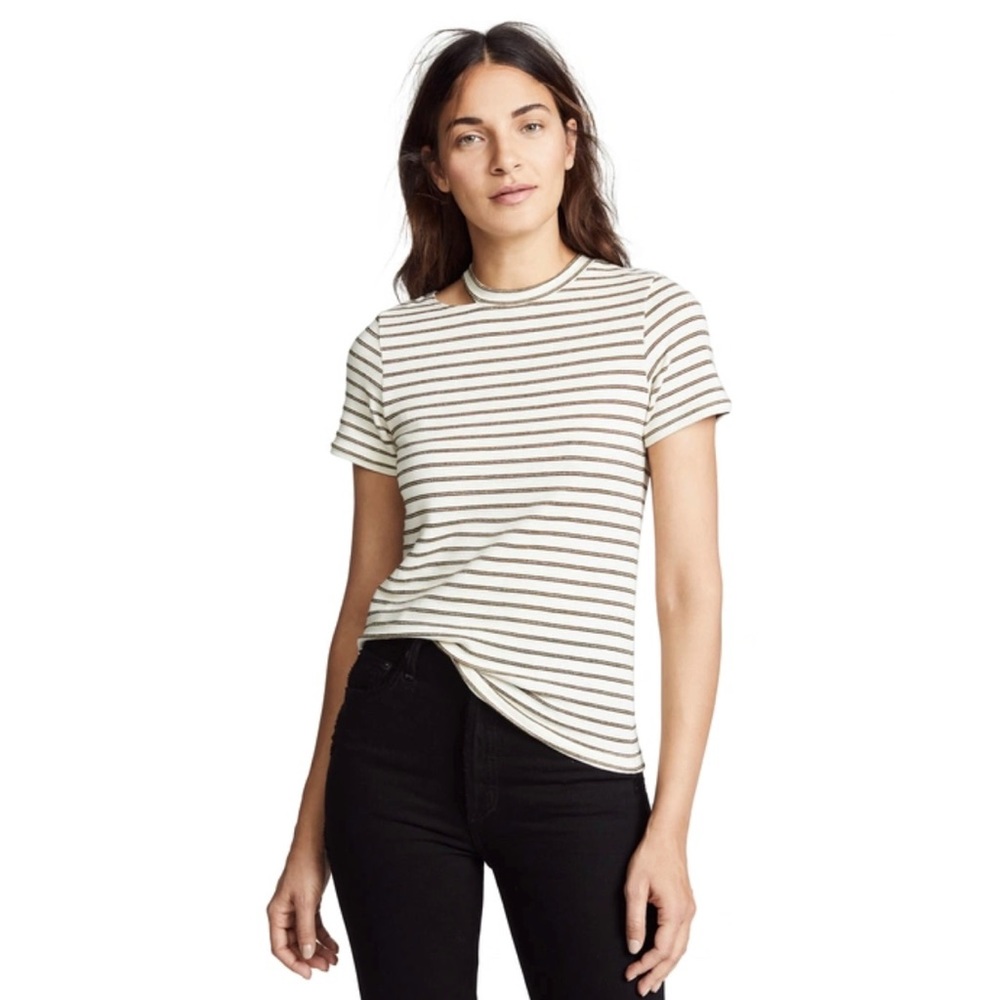 LNA Ono Metallic Stripe Tee In Gold Stripe Cutout Neck Large